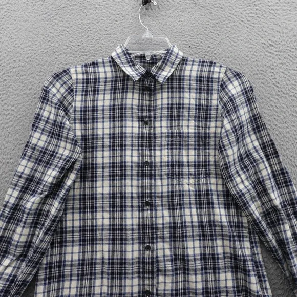 Madewell Slim Fit Ex Boyfriend Flannel Shirt Small Blue Ivory Plaid Women Casual - Picture 3 of 9